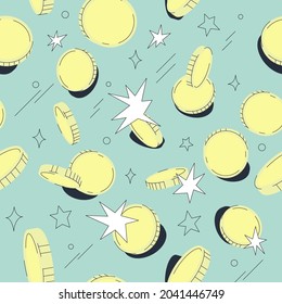 Scattered coins repeatable pattern on blue background. Financial business backdrop. Comic style block design. Vector seamless illustration with money.