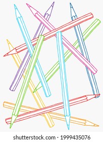 Scattered color pencils hand drawn vector doodle illustration. Outline crayons collection isolated over white background.