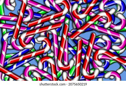 scattered colorful candy canes on blue background