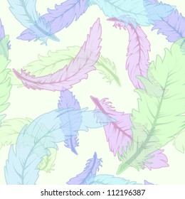 Scattered colorful feathers, seamless pattern. EPS10 vector format