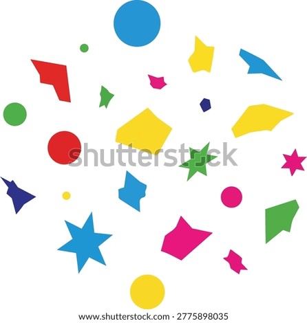 Scattered, colorful geometric shapes circles, stars, and irregular polygons on a white background