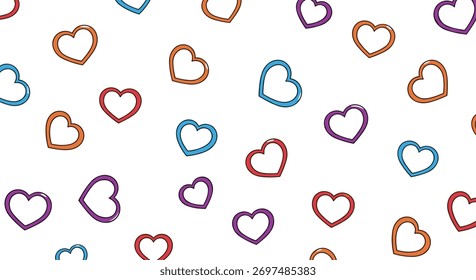 Contornos de coração colorido espalhado criam um padrão contínuo alegre e romântico em um fundo branco limpo, perfeito para projetos relacionados ao amor e afeto.