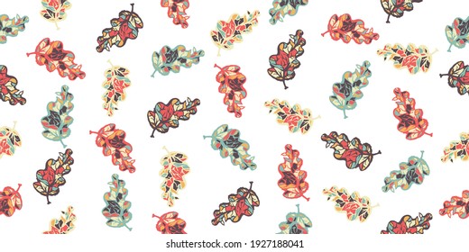 Scattered colorful leaves seamless vector pattern. Surface print design for fabrics, stationery, scrapbook paper, gift wrap, textiles, backgrounds, home decor, and packaging.