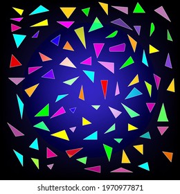 Scattered colorful triangles vector illustration, black background