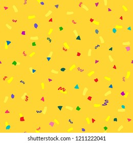 Scattered coloured confetti. Festive seamless pattern. Vector illustration. Yellow, red, blue, green, purple.