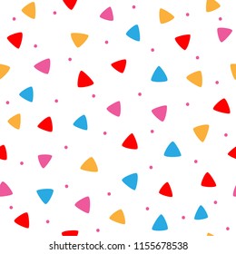 Scattered coloured round dots and triangles. Geometric seamless pattern for children. White, blue, red, purple, orange. Vector illustration.