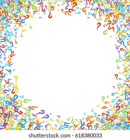 Scattered corner frame on white background made of colorful question mark. Vector illustration.