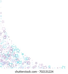 Scattered corner frame on white background made of little blue stars. Falling little Blue Confetti stars. 
