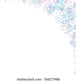 Scattered corner frame on white background made of little blue stars. Falling little Blue Confetti stars. Vector illustration.
