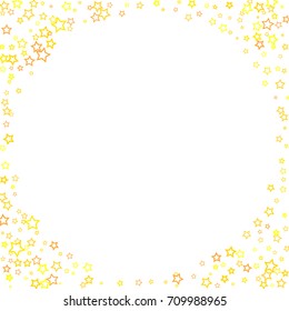 Scattered corner frame on white background made of little gold stars. Falling little gold Confetti stars. Vector illustration.