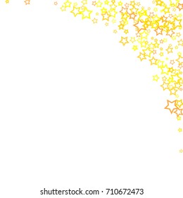 Scattered corner frame on white background made of little gold stars. Falling little gold Confetti stars. Vector illustration.