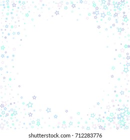 Scattered corner frame on white background made of little blue stars. Scatter frame made of blue falling confetti stars. Vector illustration.