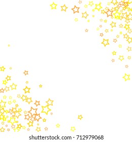 Scattered corner frame on white background made of little gold glitter stars. Falling little gold Confetti stars. Vector illustration.