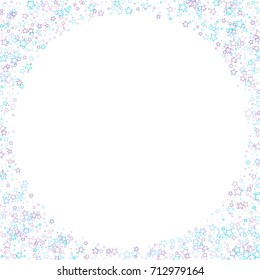 Scattered corner frame on white background made of little blue stars. Scatter corner frame made of blue falling confetti stars. Vector illustration.