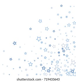Scattered corner frame on white background made of little blue stars. Scatter frame made of blue falling confetti stars. Vector illustration.