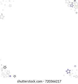 Scattered corner frame on white background made of little blue stars. Scatter frame made of blue falling confetti stars. Vector illustration.