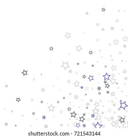 Scattered corner frame on white background made of little blue stars. Scatter frame made of blue falling confetti stars. Vector illustration.