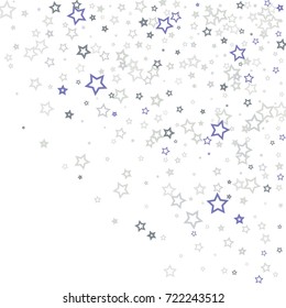 Scattered corner frame on white background made of little blue stars. Scatter frame made of blue falling confetti stars. Vector illustration.