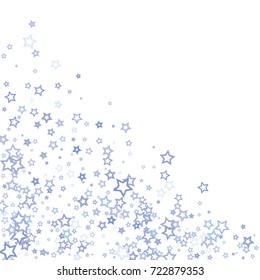 Scattered corner frame on white background made of little blue stars. Scatter frame made of blue falling confetti stars. Vector illustration.