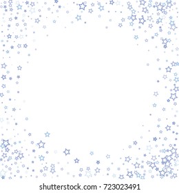Scattered corner frame on white background made of little blue stars. Scatter frame made of blue falling confetti stars. Vector illustration.
