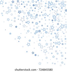 Scattered corner frame on white background made of little blue stars. Scatter frame made of blue falling confetti stars. Vector illustration.