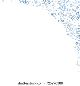 Scattered corner frame on white background made of little blue stars. Scatter frame made of blue falling confetti stars. Vector illustration.