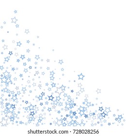 Scattered corner frame on white background made of little blue stars. Scatter frame made of blue falling confetti stars. Vector illustration.