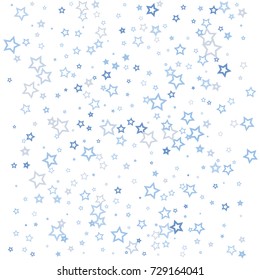 Scattered corner frame on white background made of little blue stars. Scatter frame made of blue falling confetti stars. Vector illustration.