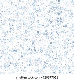Scattered corner frame on white background made of little blue stars. Scatter frame made of blue falling confetti stars. Vector illustration.