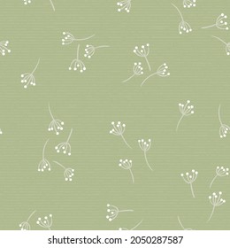 Scattered dandelion seamless background pattern repeat in green monotone paper texture. Vector illustration. Great for fall, autumn and home decor. Surface pattern design.