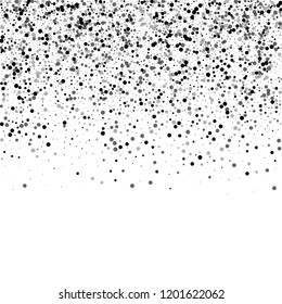 Scattered dense balck dots. Dark points dispersion on white background. Bizarre grey spots dispersing overlay template. Majestic vector illustration.