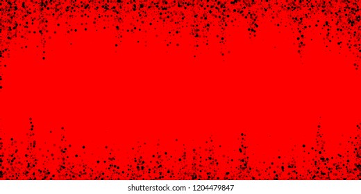Scattered dense balck dots. Dark points dispersion on red background. Bold grey spots dispersing overlay template. Rare vector illustration.