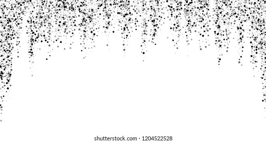 Scattered dense balck dots. Dark points dispersion on white background. Bold grey spots dispersing overlay template. Lively vector illustration.