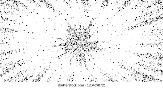 Scattered dense balck dots. Dark points dispersion on white background. Bold grey spots dispersing overlay template. Decent vector illustration.