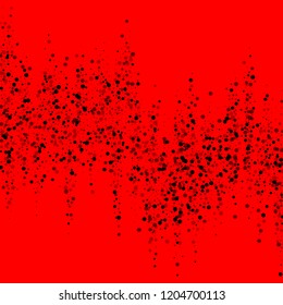 Scattered dense balck dots. Dark points dispersion on red background. Breathtaking grey spots dispersing overlay template. Terrific vector illustration.