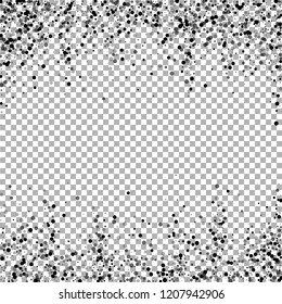 Scattered dense balck dots. Dark points dispersion on transparent background. Bizarre grey spots dispersing overlay template. Fascinating vector illustration.