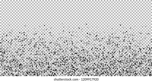 Scattered dense balck dots. Dark points dispersion on transparent background. Breathtaking grey spots dispersing overlay template. Exotic vector illustration.