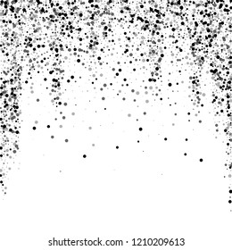 Scattered dense balck dots. Dark points dispersion on white background. Bizarre grey spots dispersing overlay template. Dramatic vector illustration.