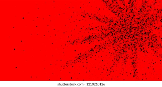 Scattered dense balck dots. Dark points dispersion on red background. Bold grey spots dispersing overlay template. Dramatic vector illustration.