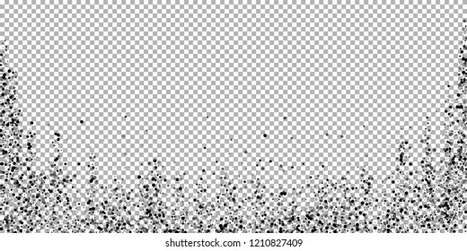 Scattered dense balck dots. Dark points dispersion on transparent background. Bold grey spots dispersing overlay template. Perfect vector illustration.