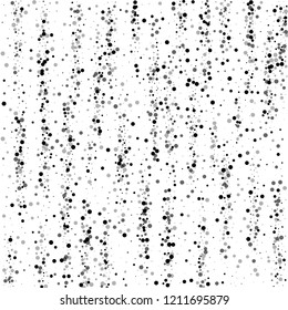 Scattered dense balck dots. Dark points dispersion on white background. Bizarre grey spots dispersing overlay template. Juicy vector illustration.