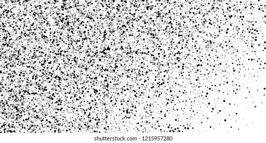 Scattered dense balck dots. Dark points dispersion on white background. Breathtaking grey spots dispersing overlay template. Fresh vector illustration.