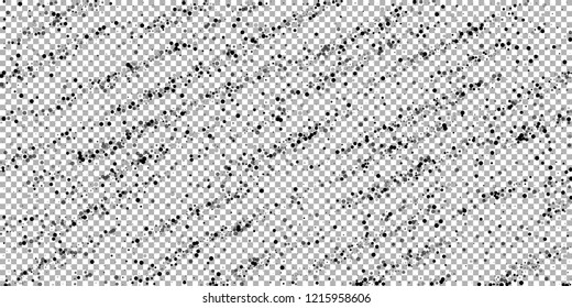 Scattered dense balck dots. Dark points dispersion on transparent background. Bold grey spots dispersing overlay template. Tempting vector illustration.
