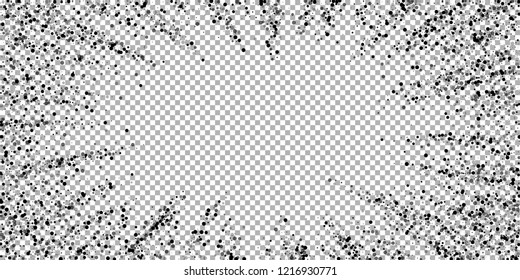 Scattered dense balck dots. Dark points dispersion on transparent background. Breathtaking grey spots dispersing overlay template. Mesmeric vector illustration.
