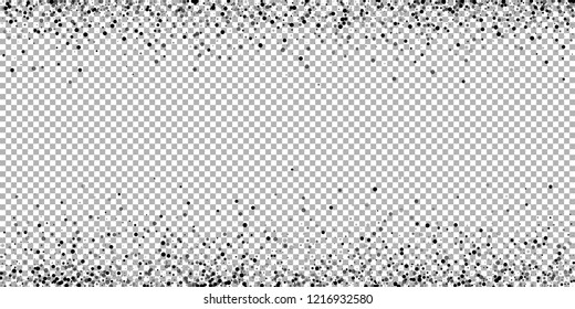 Scattered dense balck dots. Dark points dispersion on transparent background. Bold grey spots dispersing overlay template. Attractive vector illustration.