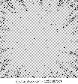 Scattered dense balck dots. Dark points dispersion on transparent background. Bizarre grey spots dispersing overlay template. Surprising vector illustration.