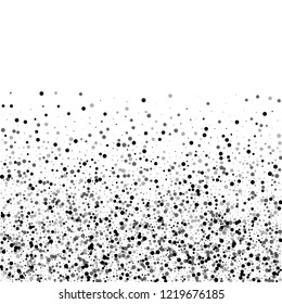 Scattered dense balck dots. Dark points dispersion on white background. Bizarre grey spots dispersing overlay template. Overwhelming vector illustration.