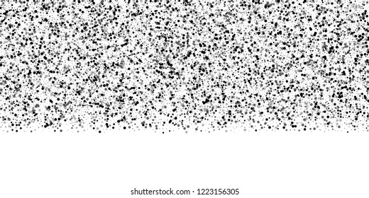 Scattered dense balck dots. Dark points dispersion on white background. Breathtaking grey spots dispersing overlay template. Captivating vector illustration.