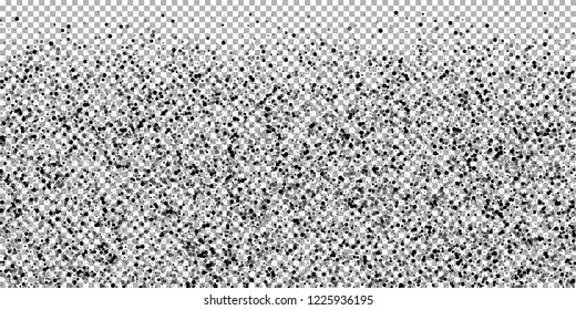 Scattered dense balck dots. Dark points dispersion on transparent background. Breathtaking grey spots dispersing overlay template. Fancy vector illustration.