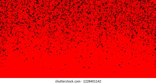 Scattered dense balck dots. Dark points dispersion on red background. Bold grey spots dispersing overlay template. Imaginative vector illustration.
